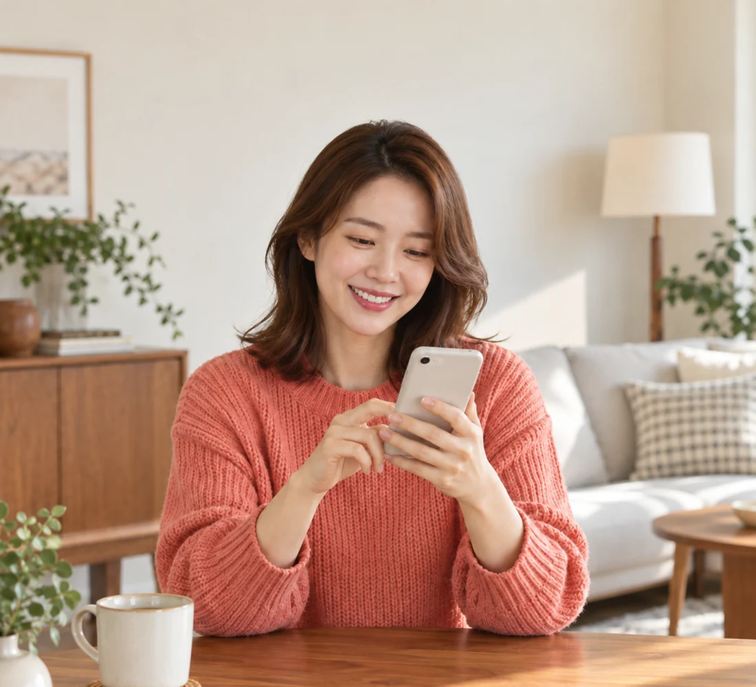 휴대전화로 편하게 상담하는 밝은 모습의 고객